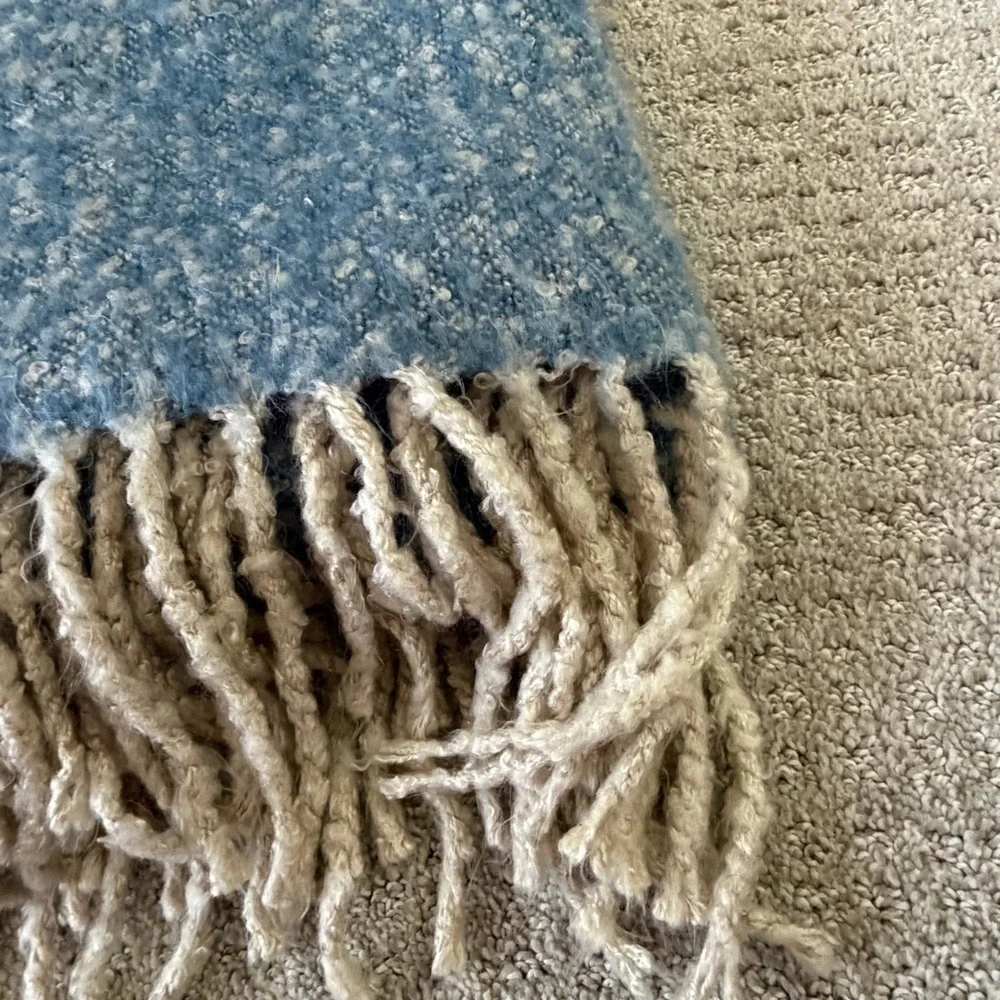 Pottery Barn Faux Mohair Blanket Blue Cream Throw Dipped Porch Fringe Warm Cozy